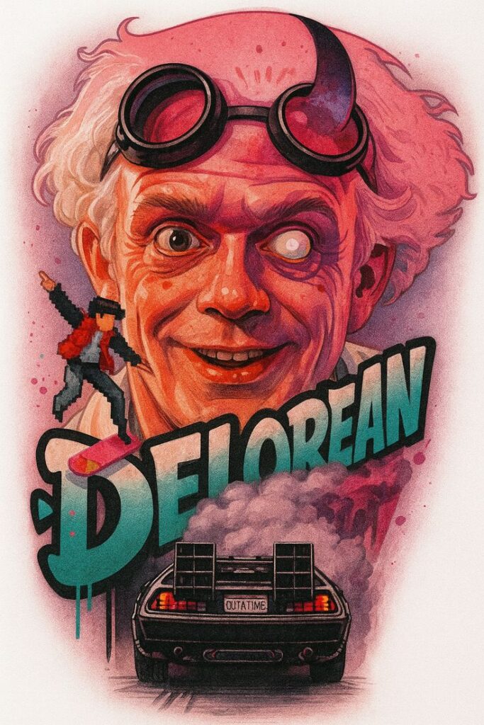 Colorful illustration of a mad scientist, retro car, and skateboarder with DeLorean text. Sci-fi adventure theme.