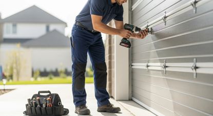 Mr_ Garage Door Repairman_ The RepairDaily Guide to Fixing Maintaining and Upgrading Your Garag Technician repairing a garage door with tools in a residential neighborhood. | Sky Rye Design Technician repairing a garage door with tools in a residential neighborhood.