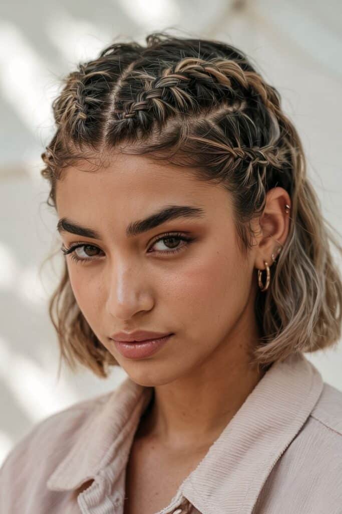 Woman with braided hair and hoop earrings wearing a beige jacket, close-up portrait against soft background.