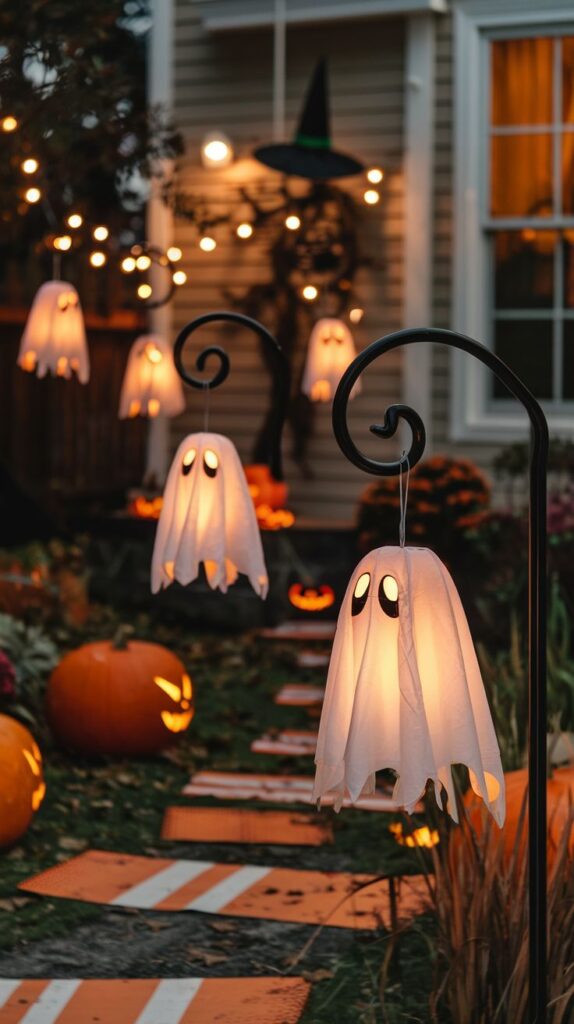 Glowing ghost decorations and jack-o'-lanterns in a spooky Halloween yard setup at dusk.