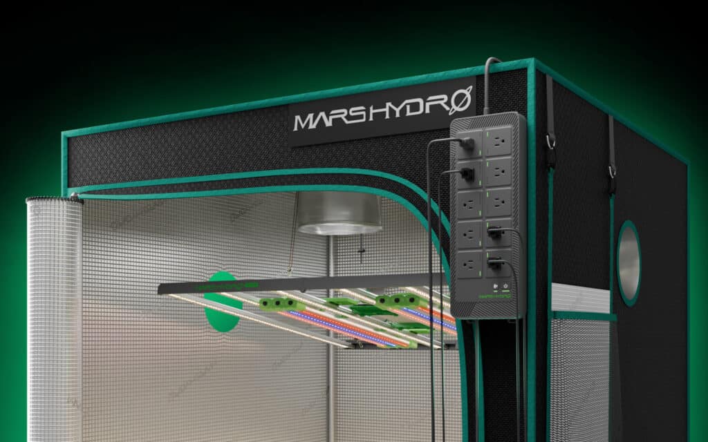Mars Hydro indoor grow tent with LED grow lights and power strip, promoting efficient cultivation.