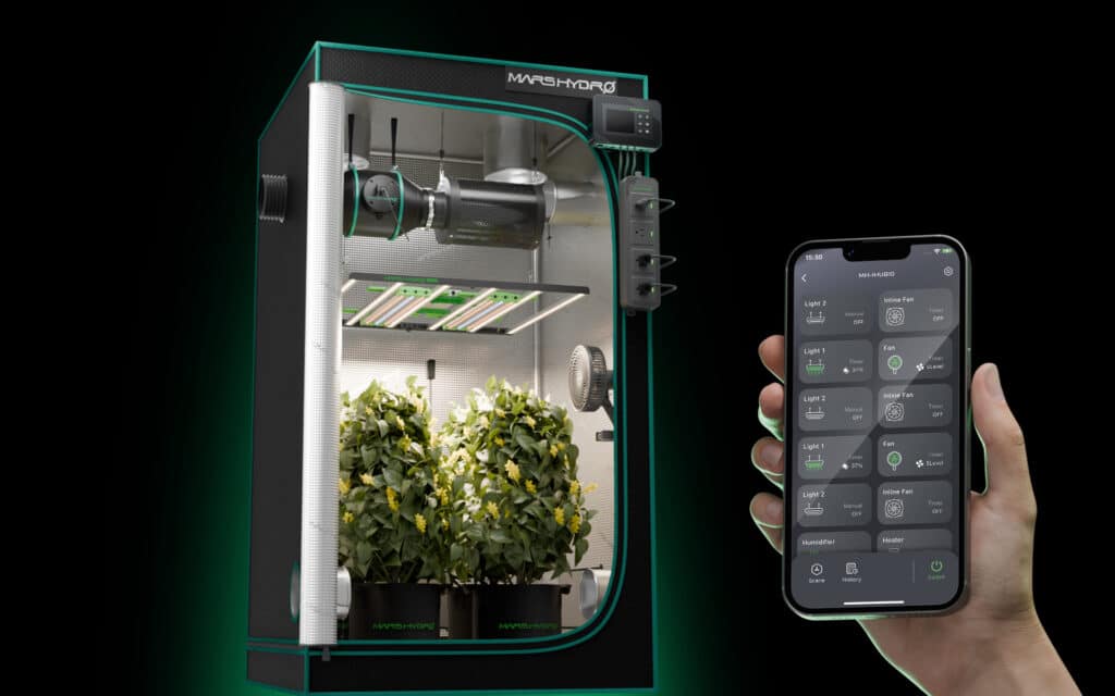 Smart grow tent system with plants and smartphone app control, featuring Mars Hydro branding.