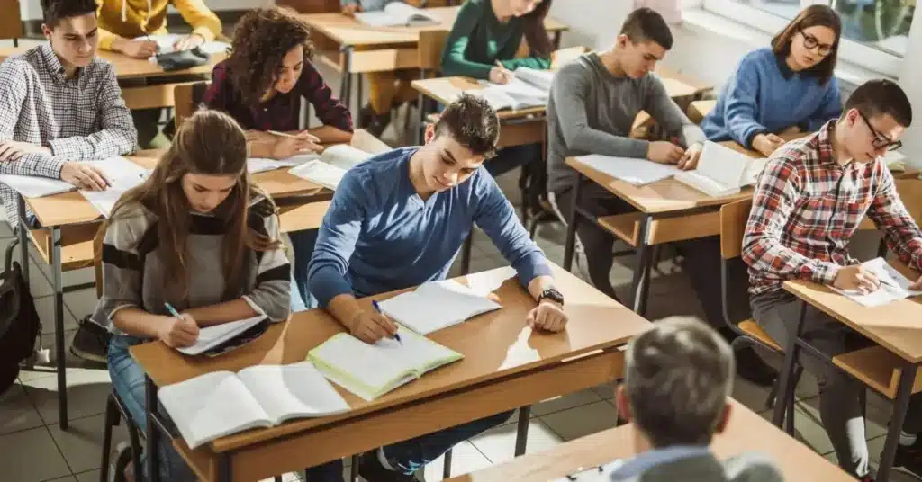 Students focused on an exam in a classroom setting, supervised by a teacher.