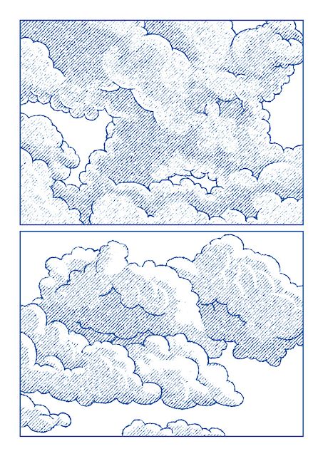 Hand-drawn clouds illustration, sketch style in blue ink, depicting fluffy cumulus formations in two panels.
