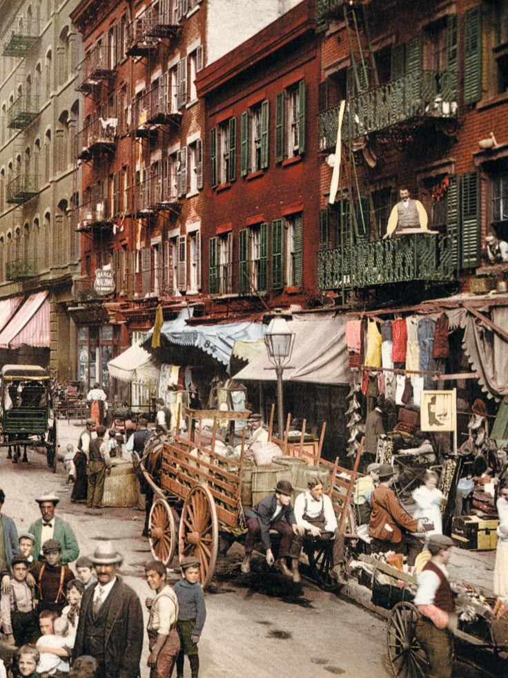 Historical 1900s city street scene with people, horse-drawn cart, and vibrant urban life.