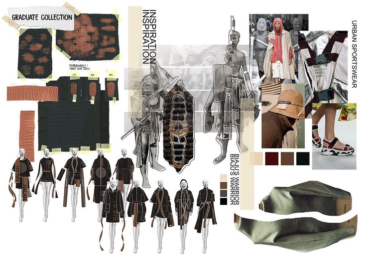 Fashion design collage featuring urban sportswear, fabric swatches, warrior sketches, and garment illustrations.