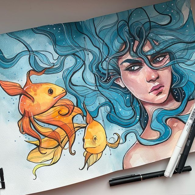 A vibrant illustration of a woman with flowing blue hair, accompanied by two golden fish, blending fantasy and art.