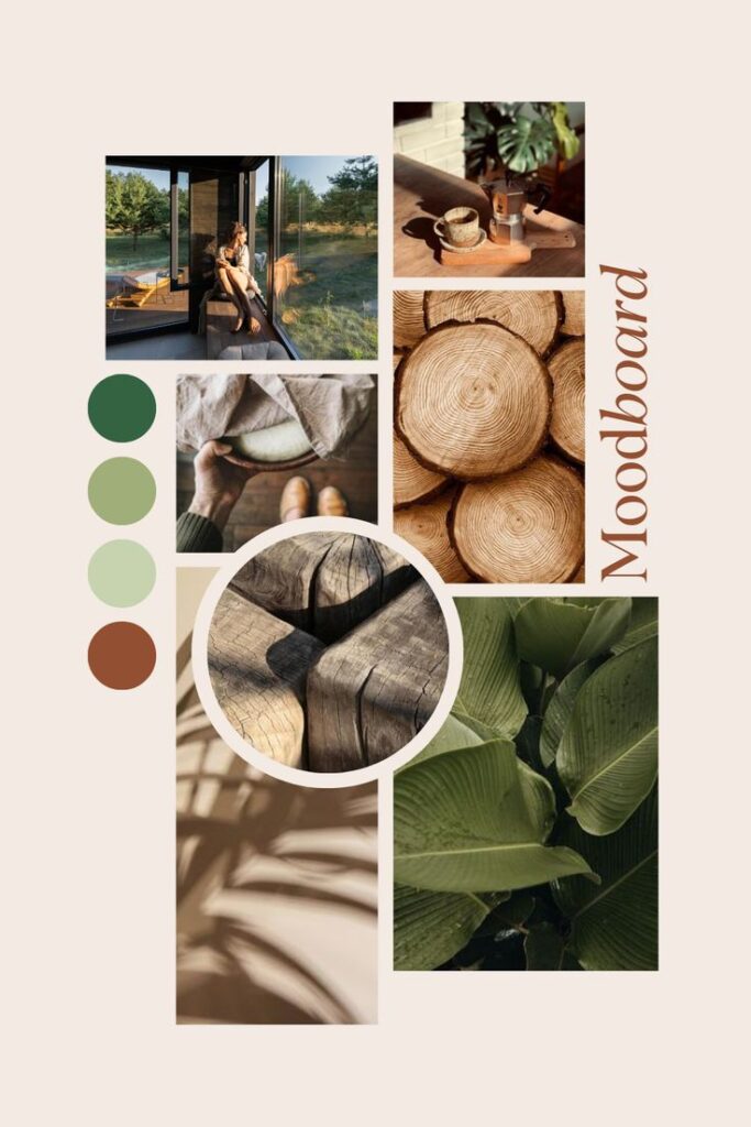 Moodboard featuring nature elements: wood textures, green leaves, and calming warm tones for interior inspiration.