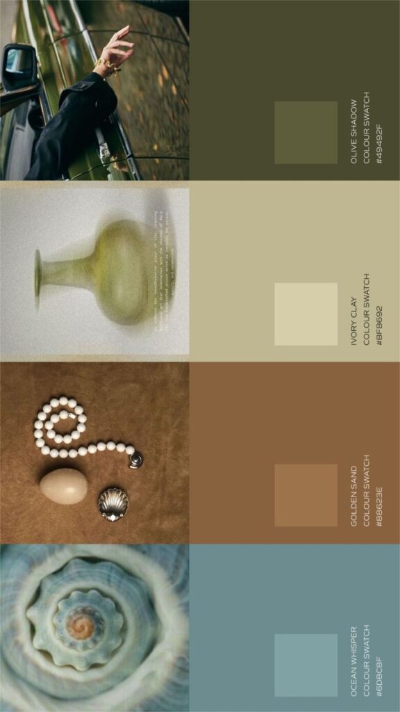 Earthy color palette collage featuring Olive Shadow, Ivory Clay, Golden Sand, Ocean Whisper swatches with textures.