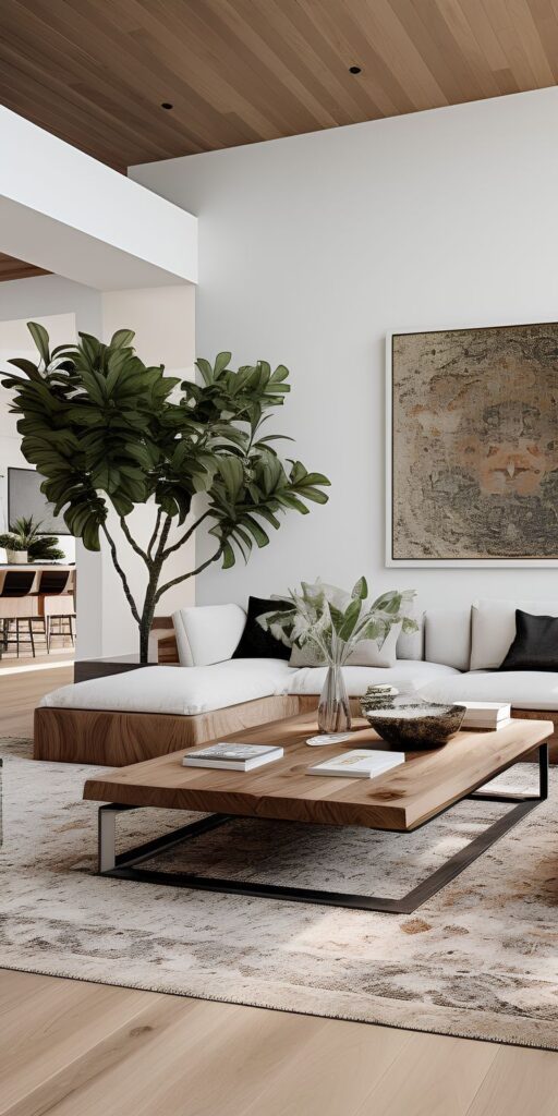 Modern living room with cozy white sofa, wooden coffee table, lush green plant, and abstract wall art.