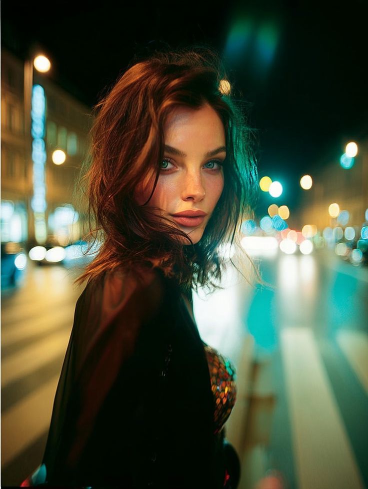 Woman with wavy hair standing on a city street at night, surrounded by vibrant bokeh lights.