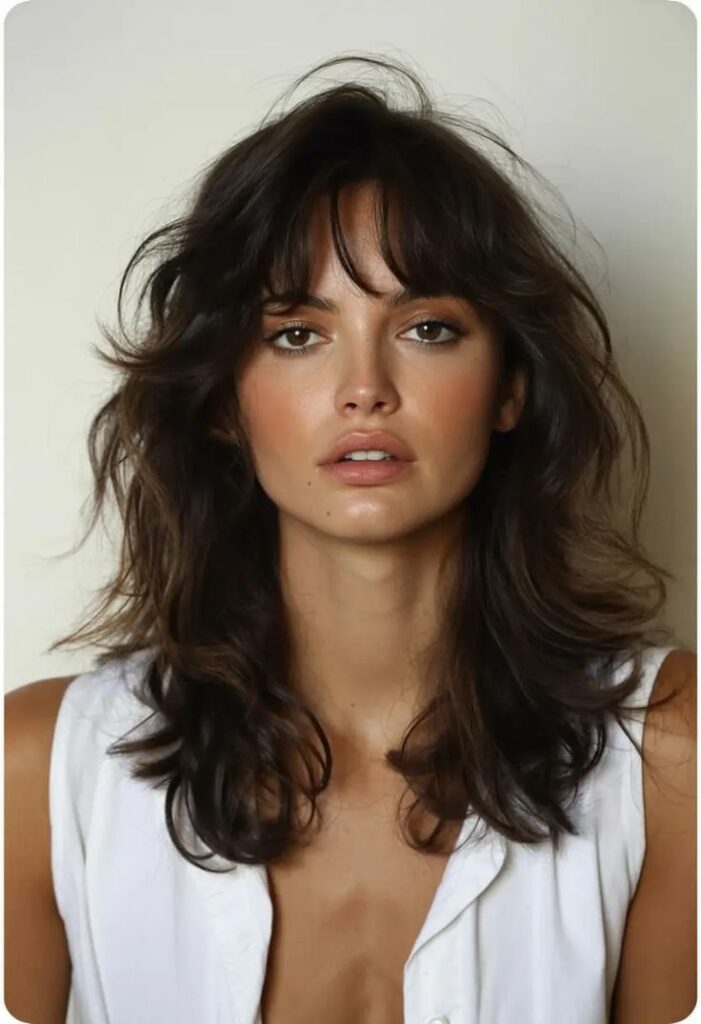 Brunette woman with tousled shoulder-length hair and white shirt, looking directly at the camera.