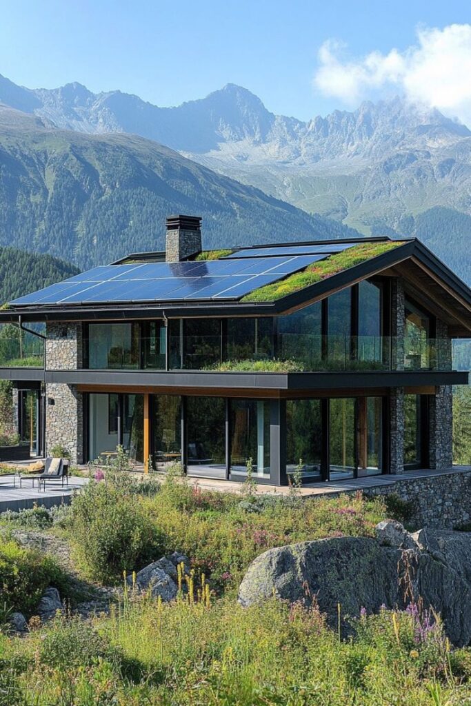 New Smart Home in Switzerland Modern eco-friendly house with solar panels and green roof in scenic mountainous landscape. | Sky Rye Design Modern eco-friendly house with solar panels and green roof in scenic mountainous landscape.