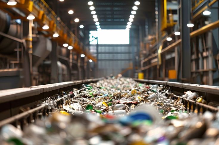 Recycling plant conveyor belt transporting assorted waste materials for processing under industrial lights.