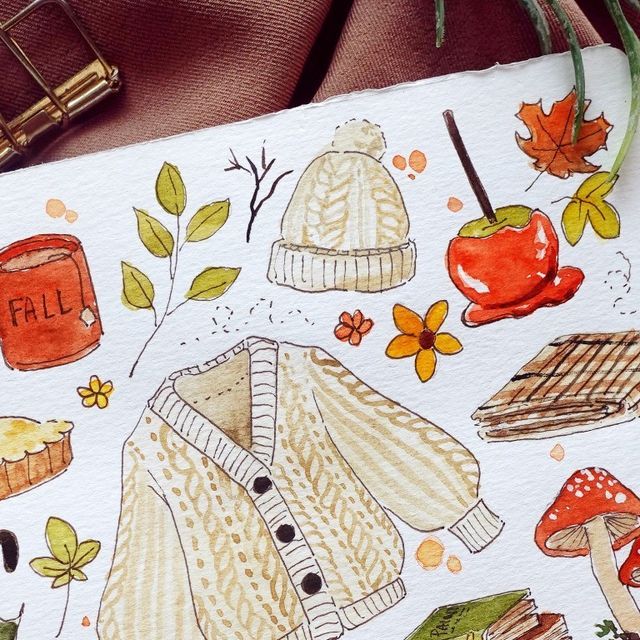 Autumn illustration with cozy sweater, fall leaves, hat, candy apple, and seasonal elements. Perfect for fall vibes.