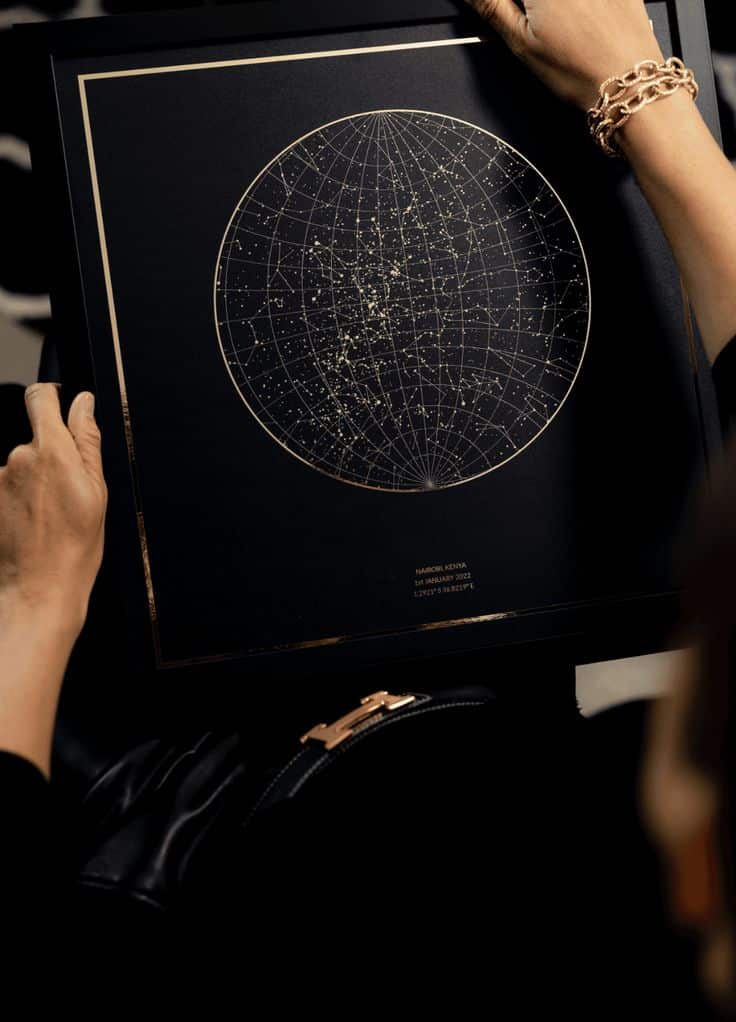 Night Sky Museum Grade Prints - The Night Sky - Custom Star Map Person holding a framed star map with constellations, featuring a personalized inscription, in a dark setting. | Sky Rye Design Person holding a framed star map with constellations, featuring a personalized inscription, in a dark setting.