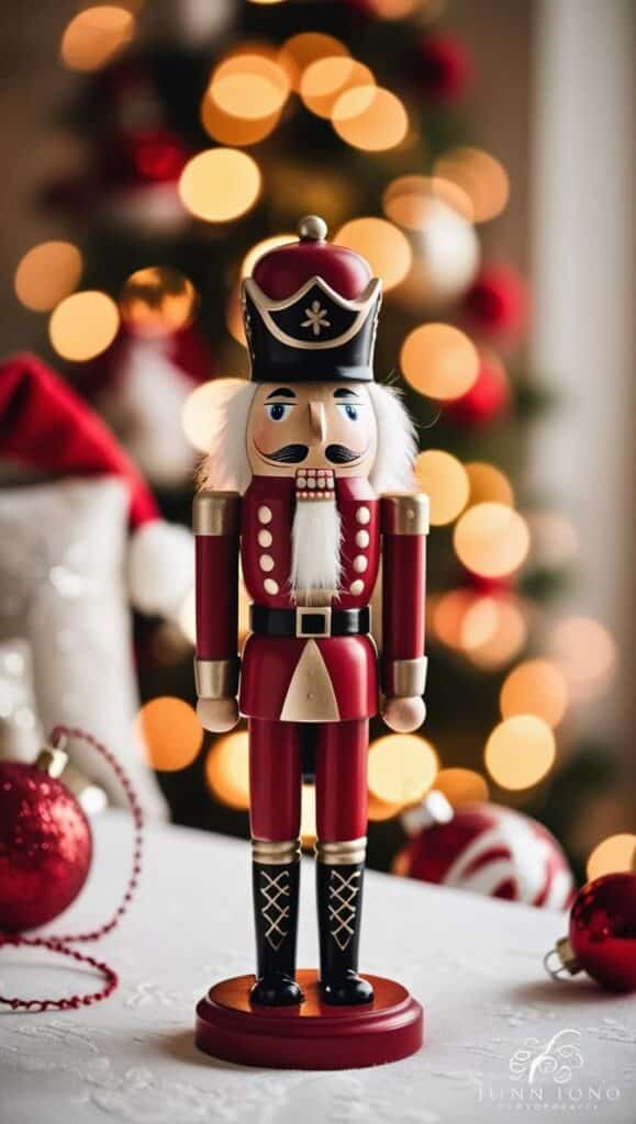 Nutcracker Festive nutcracker soldier on table with Christmas lights and ornaments in soft focus background. Holiday decor. | Sky Rye Design Festive nutcracker soldier on table with Christmas lights and ornaments in soft focus background. Holiday decor.