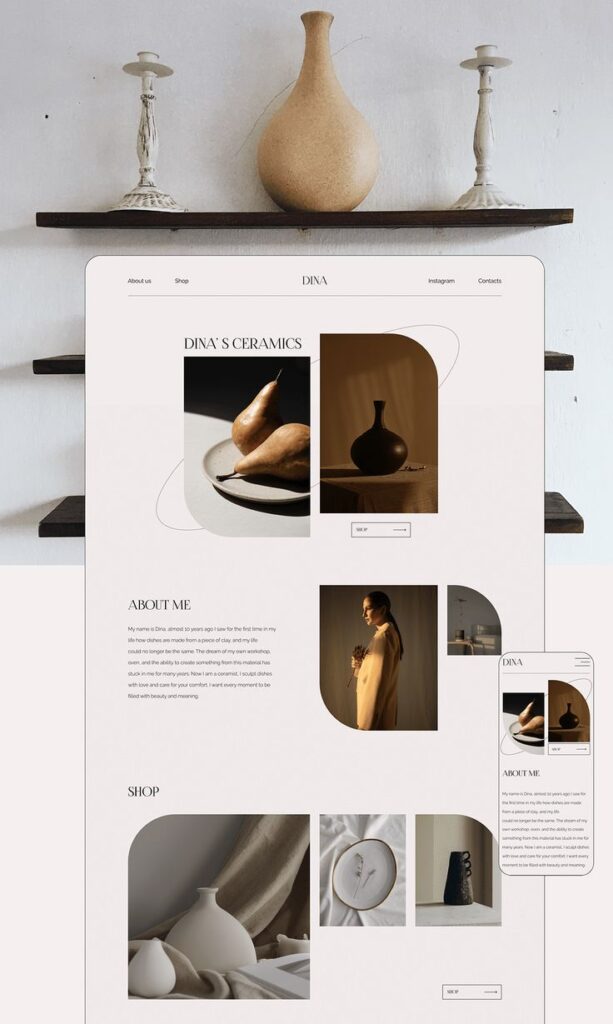 Modern ceramics website layout with elegant vases and minimalist design elements on display.