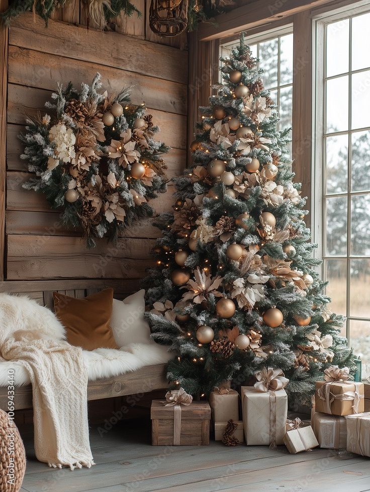 Cozy Christmas scene with decorated tree, wreath, and wrapped gifts in a rustic wooden room.