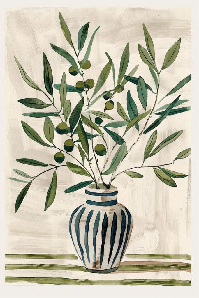 Illustrated olive branches in a striped vase against a textured background. Botanical artwork for home decor.
