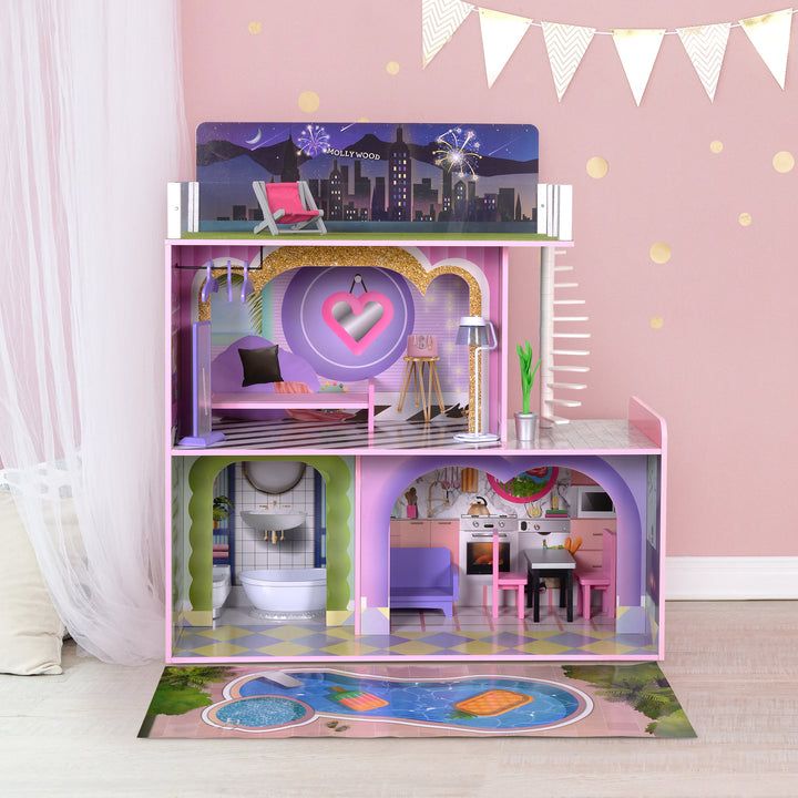 Colorful dollhouse with vibrant rooms, rooftop patio, and pool, set against a pink wall with decorative flags.