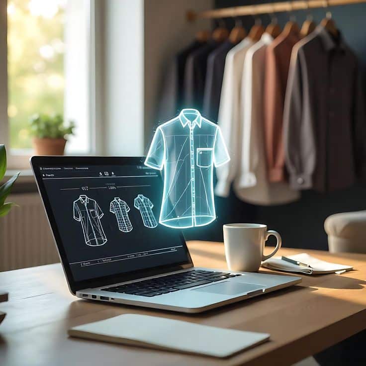 Online shirt design custom clothing apparel virtual tailoring concept Laptop displaying digital shirt design, surrounded by hanging clothes and a coffee mug on a wooden desk. | Sky Rye Design Laptop displaying digital shirt design, surrounded by hanging clothes and a coffee mug on a wooden desk.