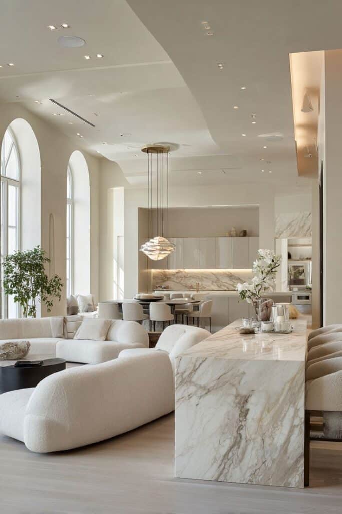 Open-Concept Luxury Living Room and Kitchen Luxurious open-plan living room and kitchen with modern decor, marble countertops, and elegant lighting. | Sky Rye Design Luxurious open-plan living room and kitchen with modern decor, marble countertops, and elegant lighting.