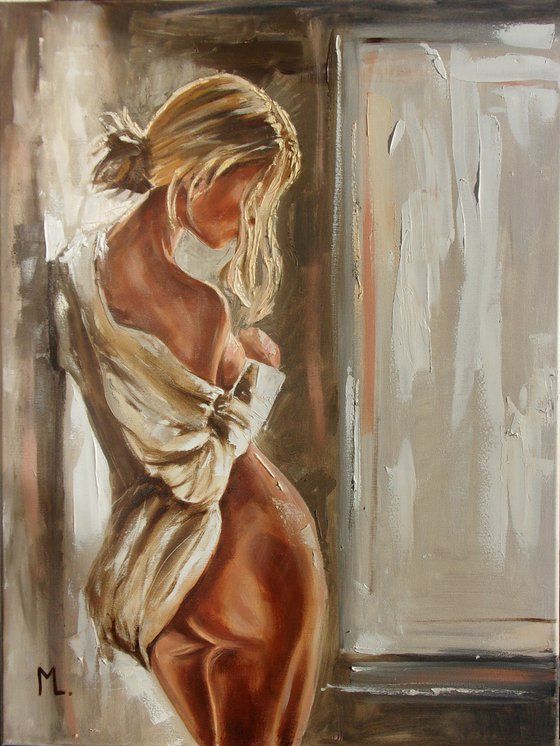 Painting of a woman in a white shirt, leaning against a wall softly lit by natural light, conveying intimacy and serenity.