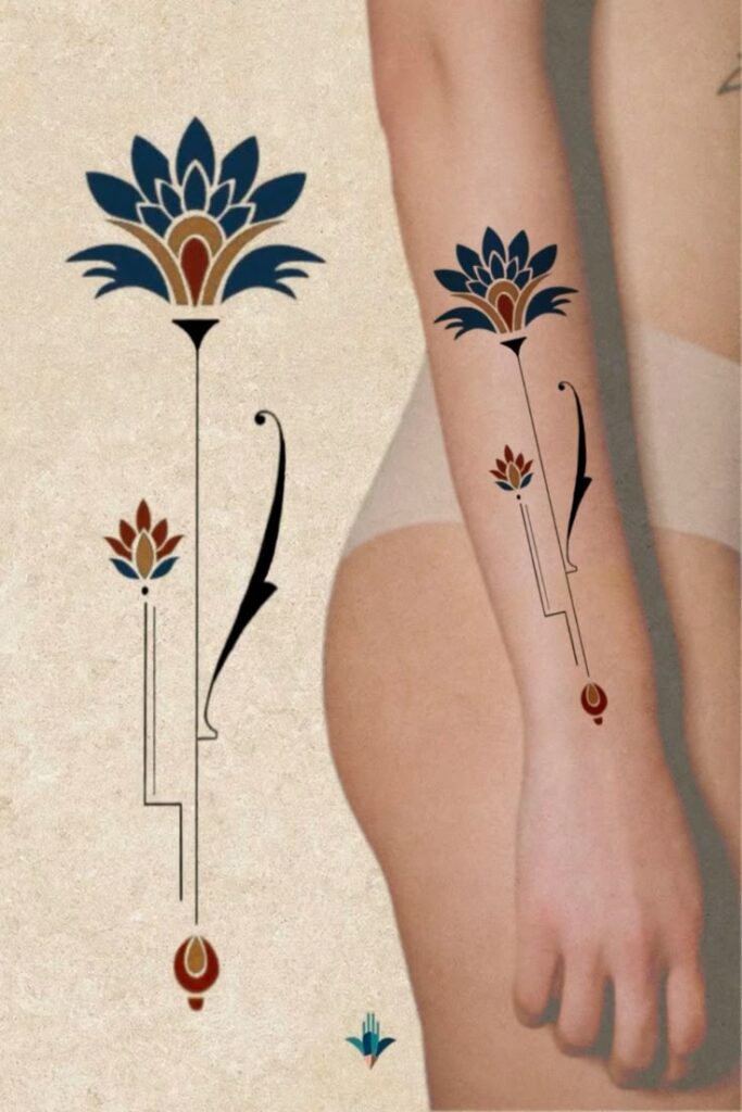 Minimalist floral tattoo design on forearm, featuring geometric elements and vibrant colors on skin.