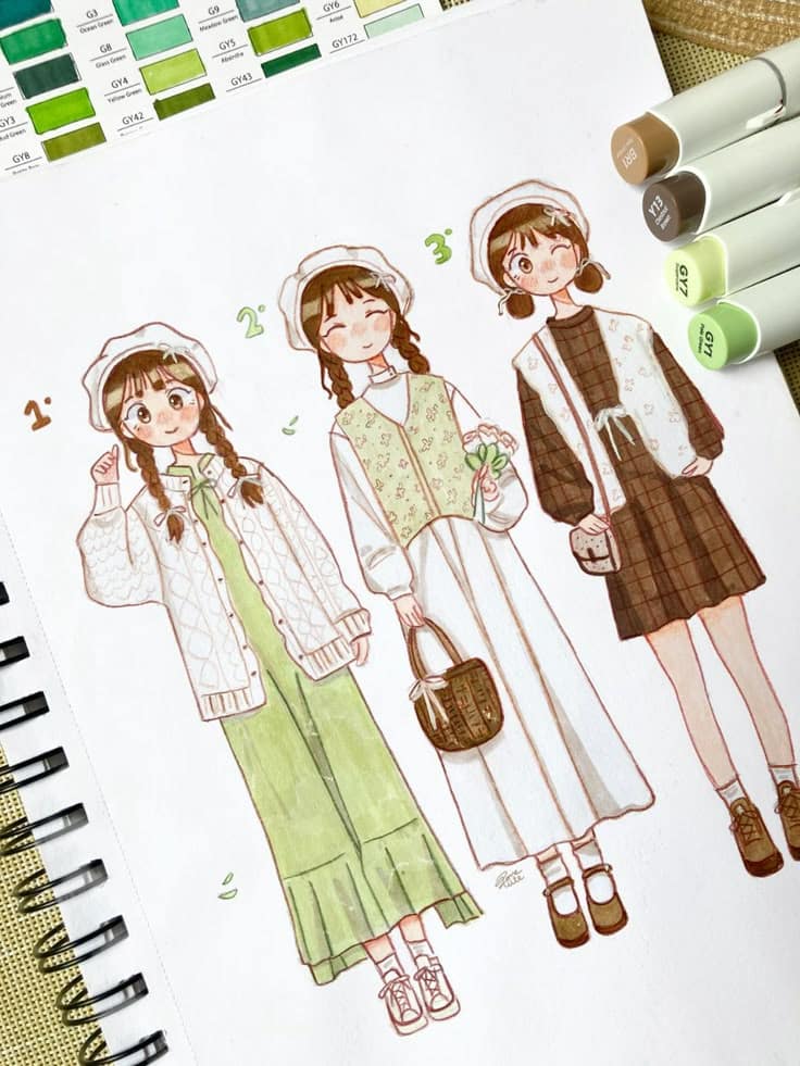 Outfits 🌿 Fashion illustration of three girls in vintage outfits, featuring green and brown tones with accessories on a sketchpad. | Sky Rye Design Fashion illustration of three girls in vintage outfits, featuring green and brown tones with accessories on a sketchpad.