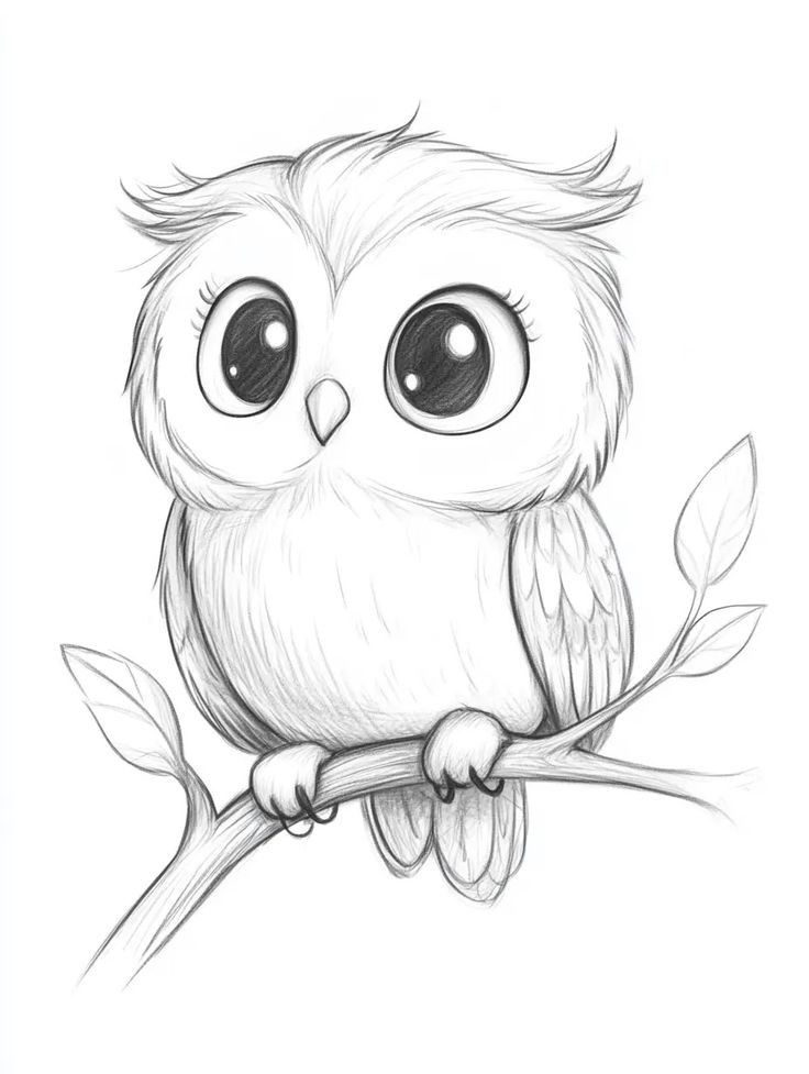 Cute cartoon owl with big eyes perched on a branch, hand-drawn sketch in black and white.