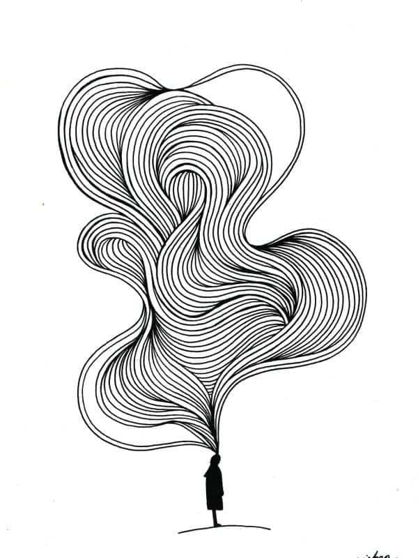 Abstract line art: a person with swirling lines emerging from their head, symbolizing complex thoughts or imagination.