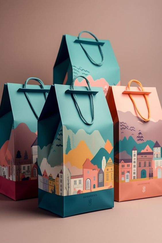 Colorful gift bags with mountain and village illustrations, featuring teal and peach hues, perfect for festive packaging.