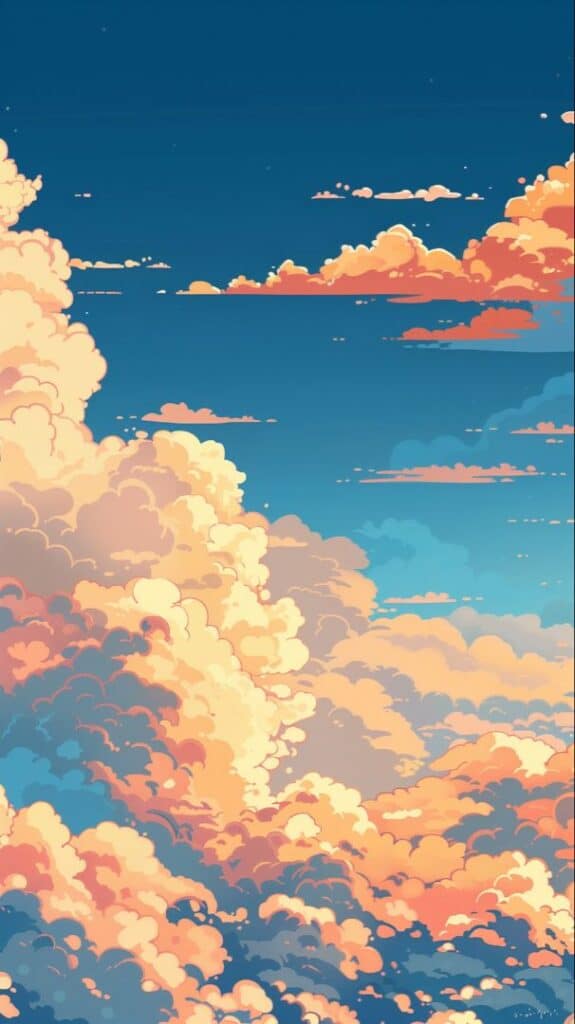 Illustrated sunset sky with vibrant orange and pink clouds against a deep blue backdrop, creating a serene atmosphere.