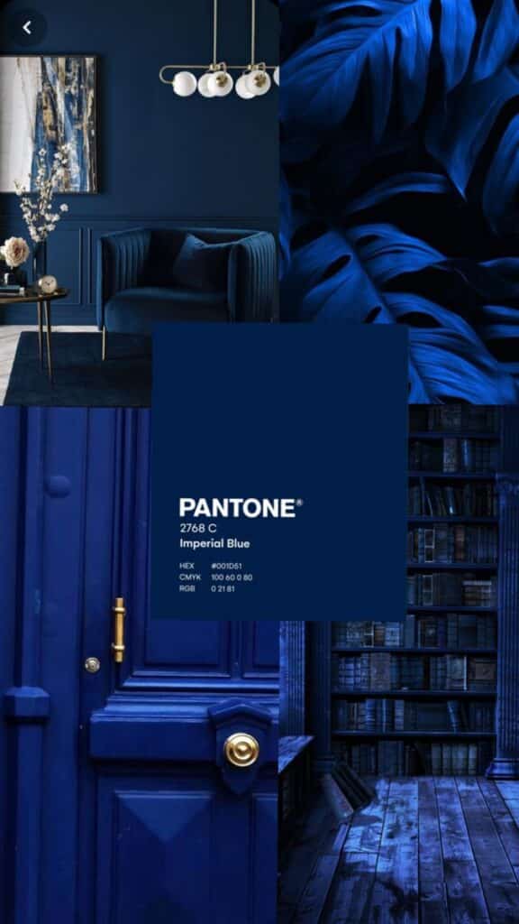 Paleta Pantone - Azul Imperial Blue color palette inspiration with elegant interiors and nature, featuring Pantone 2768 C details. | Sky Rye Design Imperial Blue color palette inspiration with elegant interiors and nature, featuring Pantone 2768 C details.