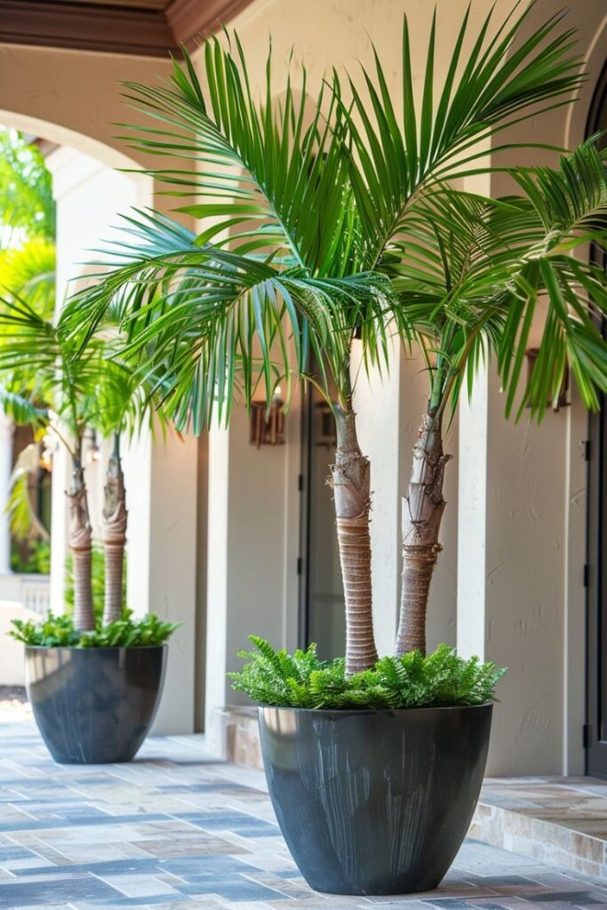 Potted palm trees lining a modern stone patio entrance, enhancing tropical outdoor decor.