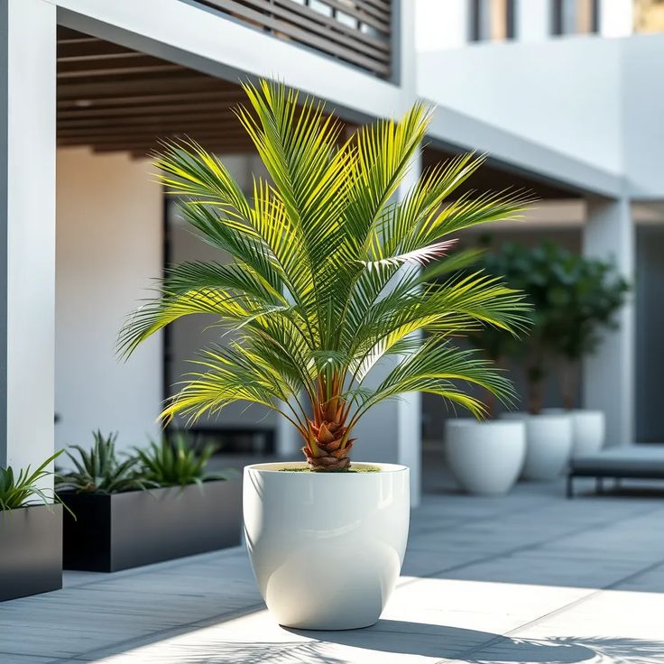 Potted palm plant on modern patio with white pots, enhancing outdoor decor and greenery in a stylish setting.