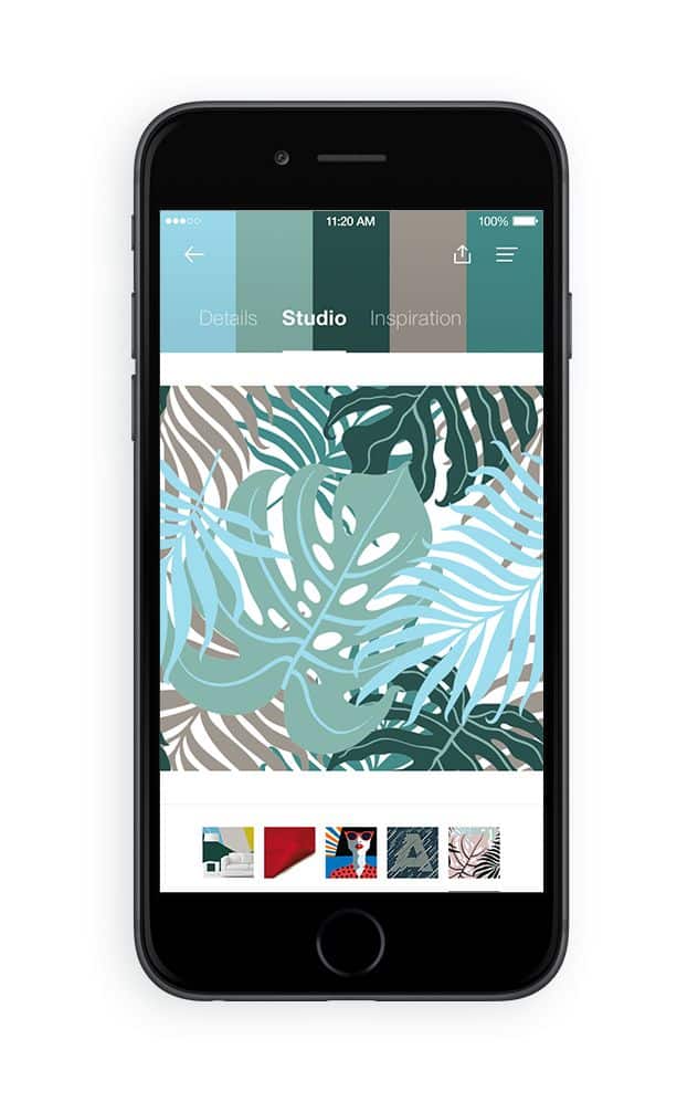 Smartphone displaying a tropical leaf pattern on screen with design options below.