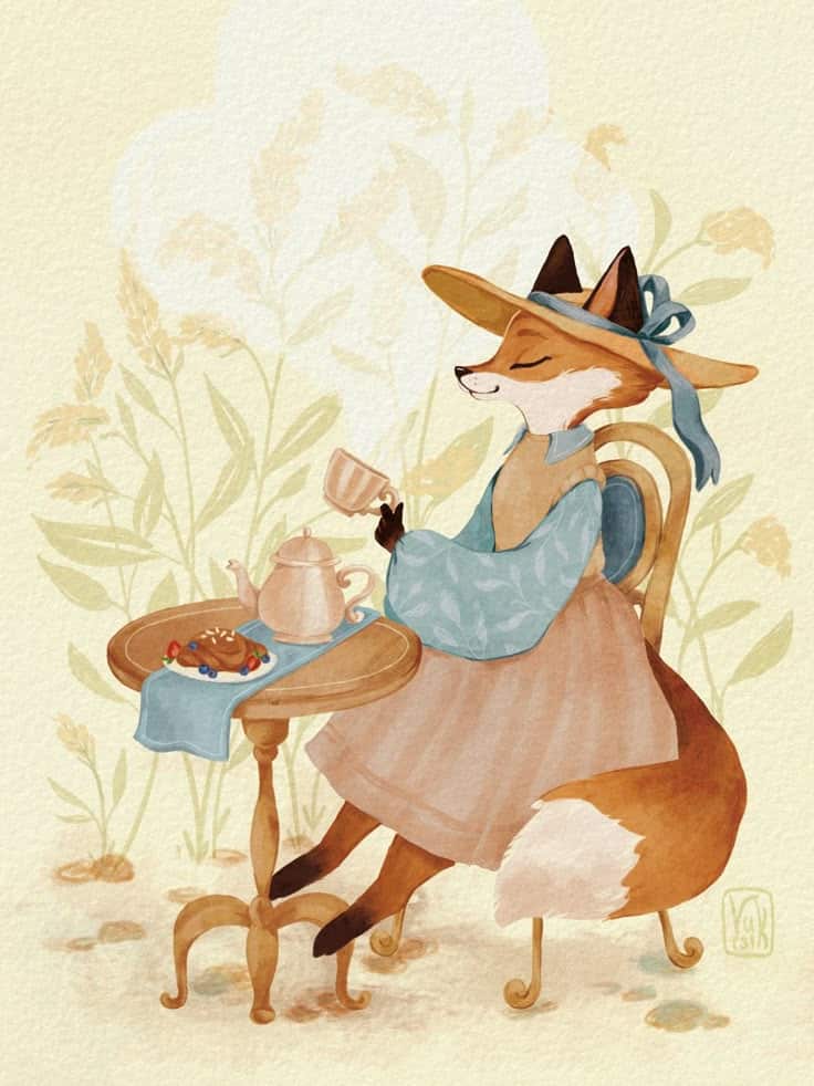 Fox in vintage attire enjoying tea at a garden table with pastries; whimsical and charming illustration.