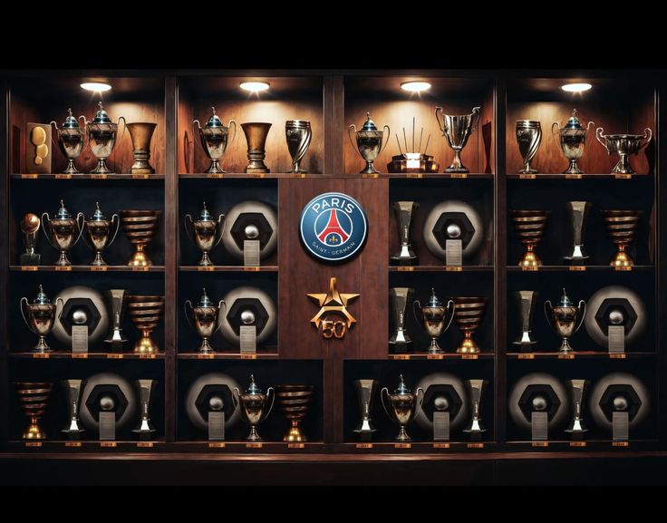 Trophy cabinet filled with various awards and cups, featuring a Paris Saint-Germain logo prominently displayed.