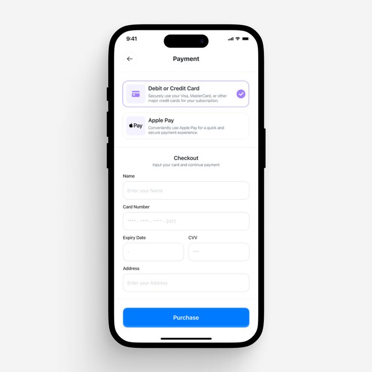 Mobile payment form screen with debit, credit card, and Apple Pay options for secure checkout and purchase.