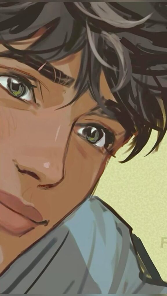 Percy s stories Illustrated portrait of a young person with expressive eyes and dark hair, looking aside thoughtfully. | Sky Rye Design Illustrated portrait of a young person with expressive eyes and dark hair, looking aside thoughtfully.