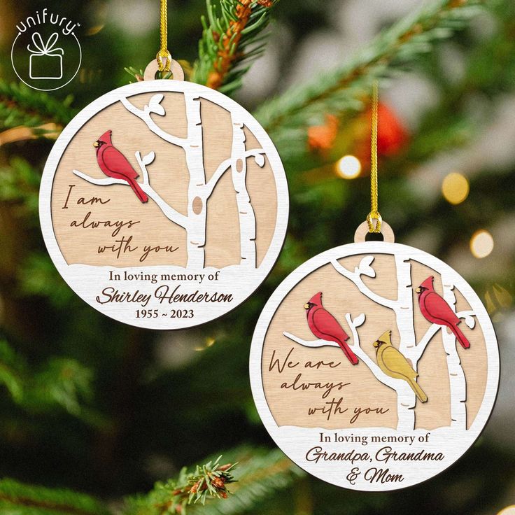 Personalized Always With You Memorial Cardinal Wooden Ornaments - 4 inches Ornament Only Memorial Christmas ornaments on tree, with cardinals and personalized messages in honor of loved ones. | Sky Rye Design Memorial Christmas ornaments on tree, with cardinals and personalized messages in honor of loved ones.