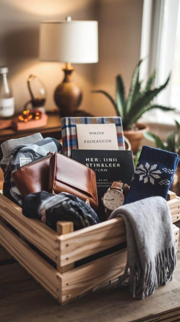 Gift basket with cozy books, leather wallet, watch, winter socks, and a scarf on a wooden table near a lamp.