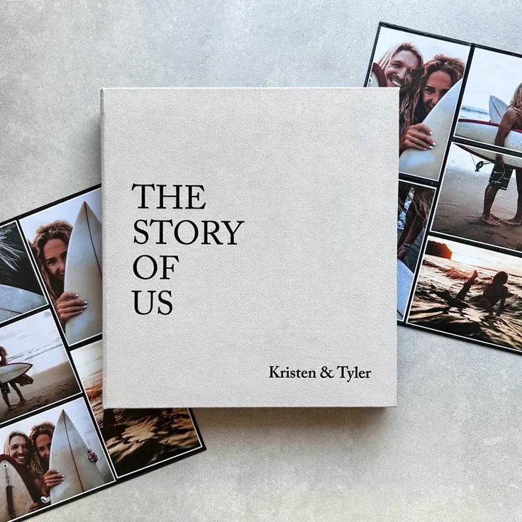Photo book titled The Story of Us surrounded by surf-themed pictures, creating a sentimental collage.