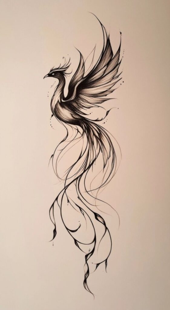 Phoenix Tattoo for Women_ Design With Merlin Elegant black and white phoenix tattoo design with flowing tail and intricate feather details. | Sky Rye Design Elegant black and white phoenix tattoo design with flowing tail and intricate feather details.