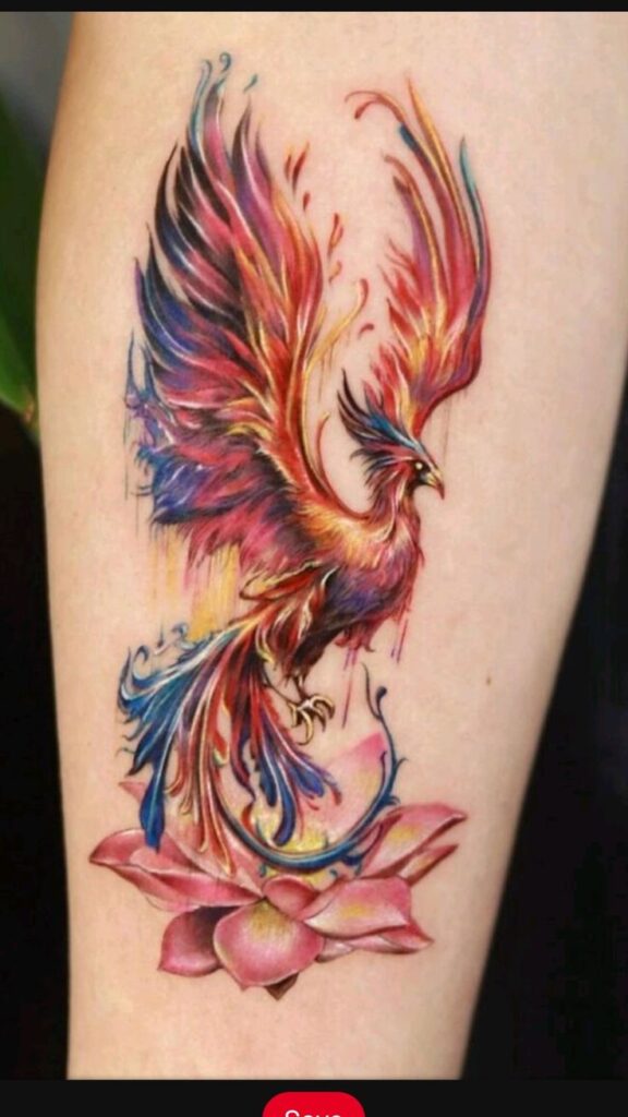 Colorful phoenix tattoo with vibrant wings rising from a pink lotus flower on skin.
