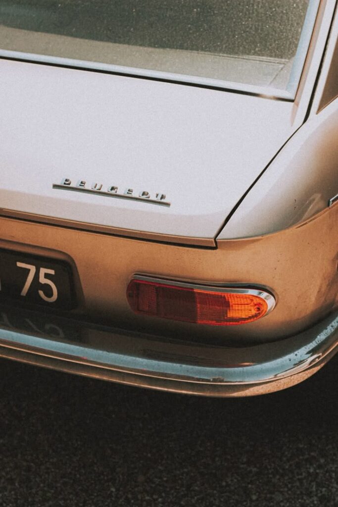 Close-up of a vintage Peugeot car rear, showcasing emblem and taillight design.