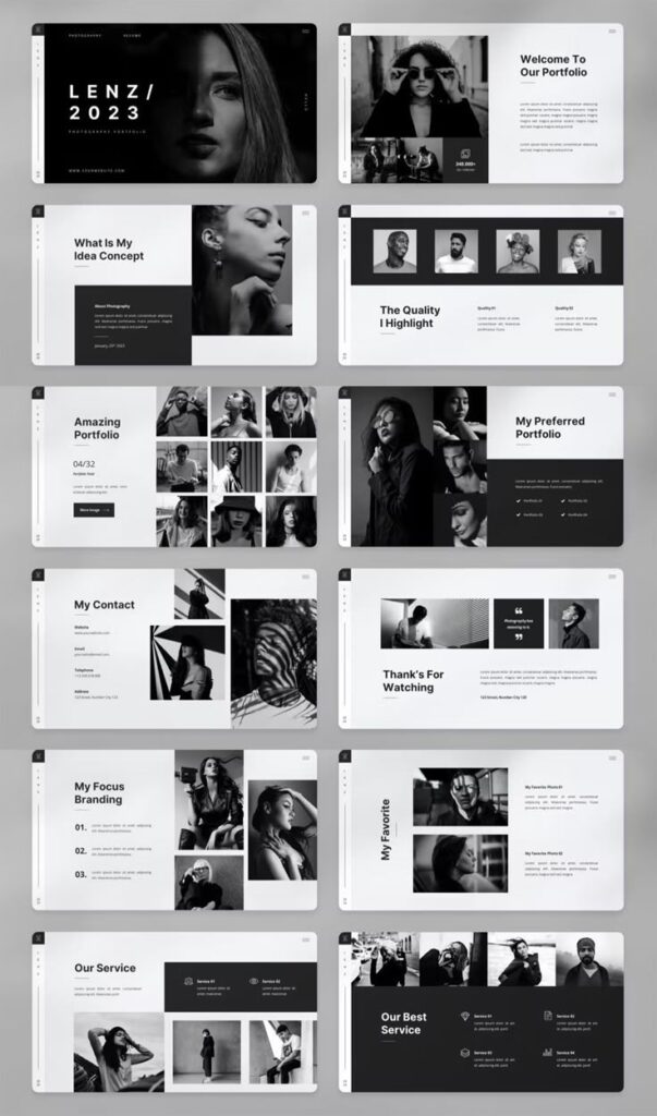 Monochrome photography portfolio webpage layout showcasing diverse portraits and design elements.