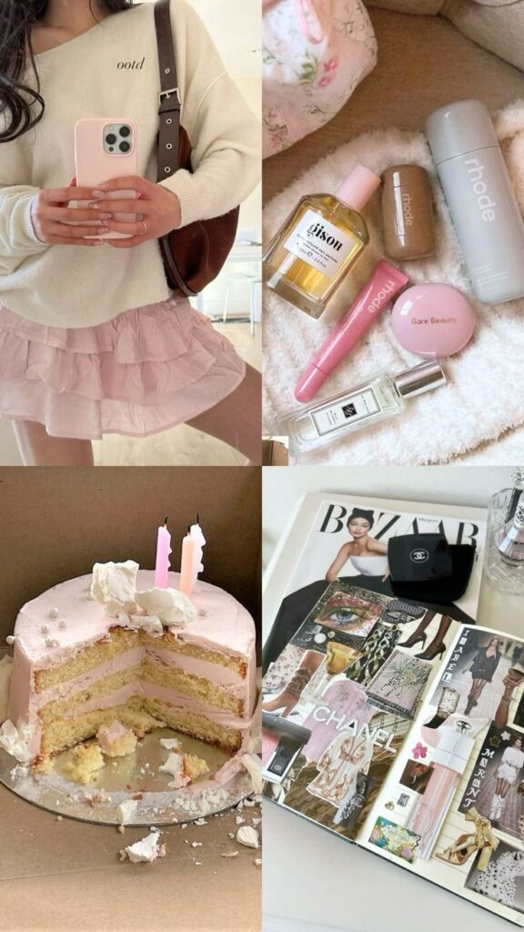 Pink Aesthetic Mood Board 💗💫🎀 Collage of fashion, beauty products, pink layered cake, and a style magazine for aesthetic inspiration. | Sky Rye Design Collage of fashion, beauty products, pink layered cake, and a style magazine for aesthetic inspiration.